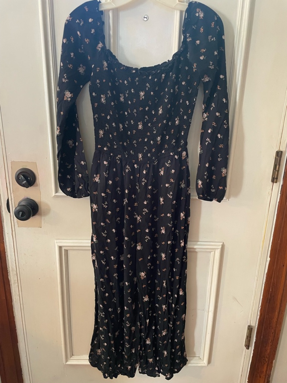 Hollister Black Floral Long Sleeve Smocked jumpsuit